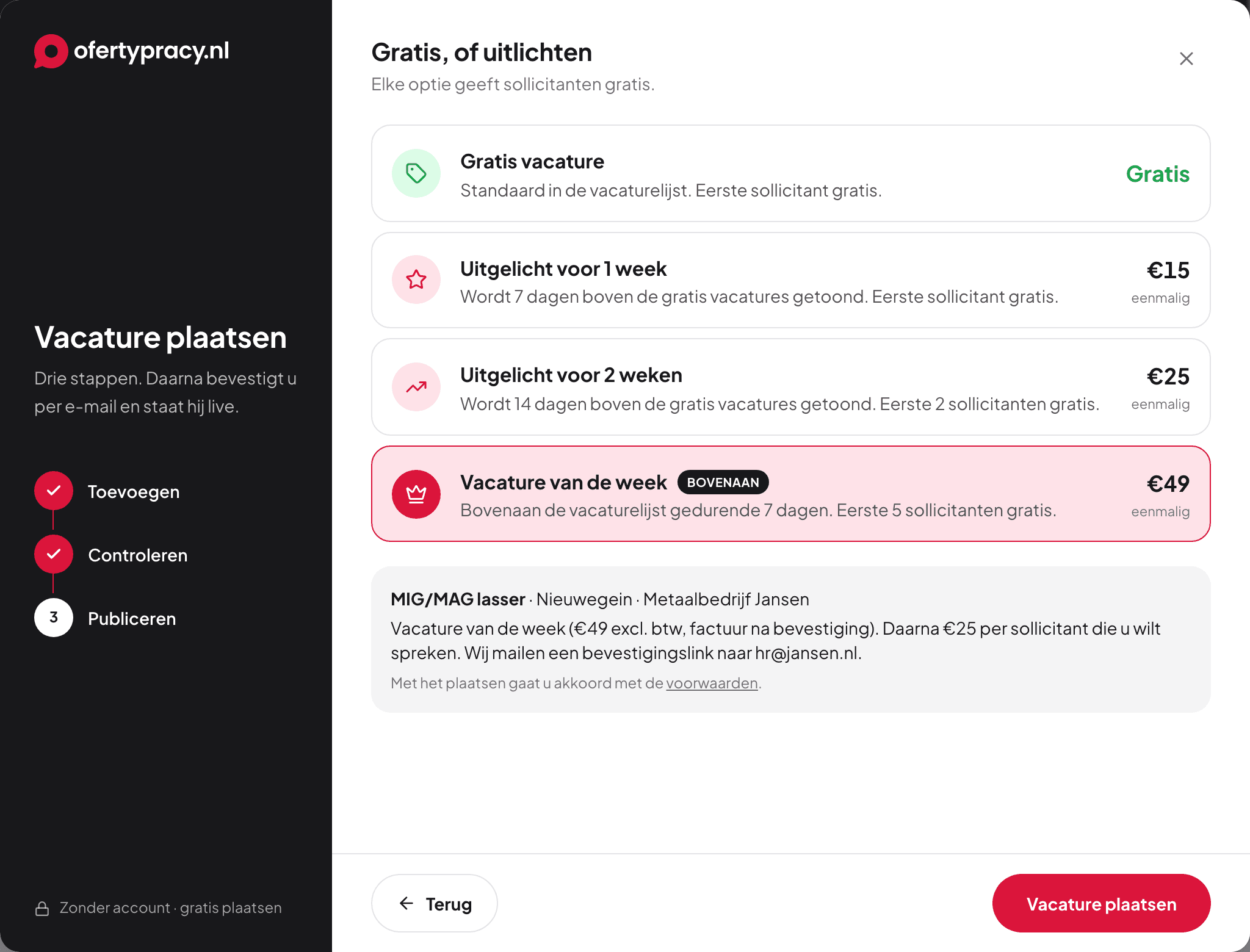 Stap 3 van de wizard: gratis plaatsen of uitlichten