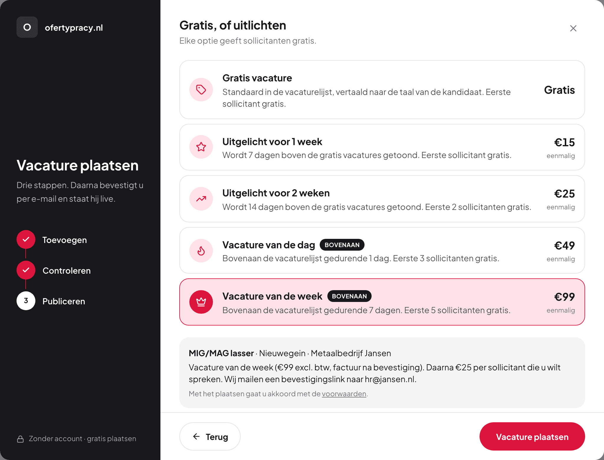 Stap 3 van de wizard: gratis plaatsen of uitlichten